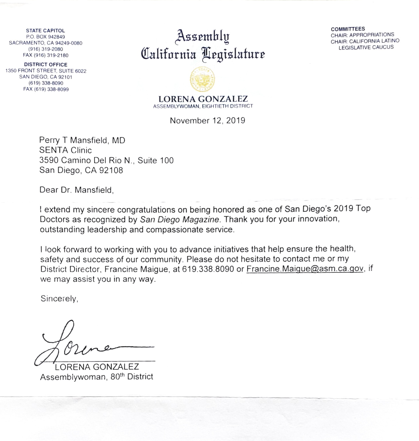 California Legislature Letter from Assemblywoman Lorena Gonzalez